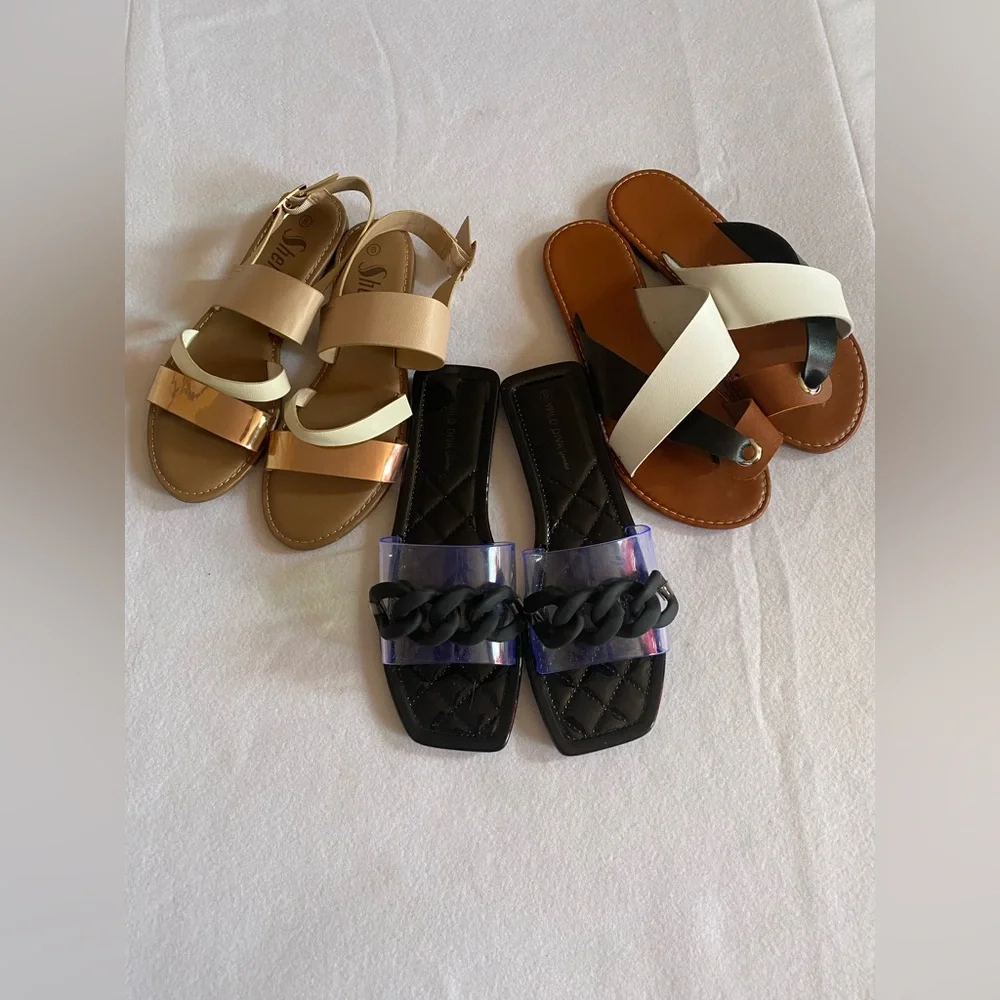 Bundle of Women's Sandals Size 8 (Lot of 3)Tan, Black, Gold - 2 pairs Brand New